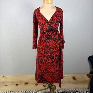 David Meister Womens Faux Wrap Dress Red Animal Print Siren Career Designer Sz 6